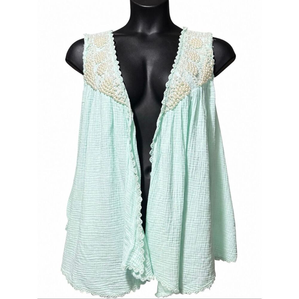 POL Embroidered Pearl Open Front Vest Boho Lace Sleeveless Cardigan Pale Mint L - Picture 4 of 9